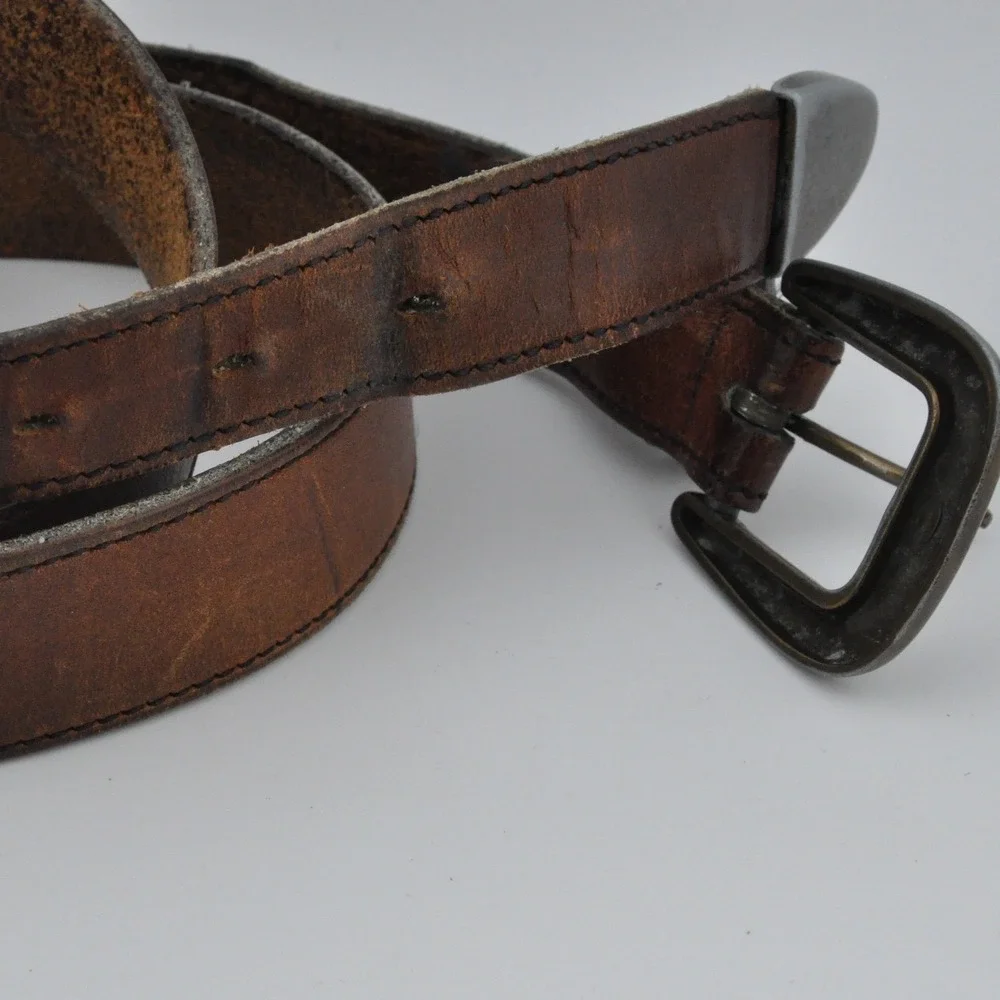 Vintage‎ Leather Belt 42 Brown Fair Distressed Western Metal Tip Rugged